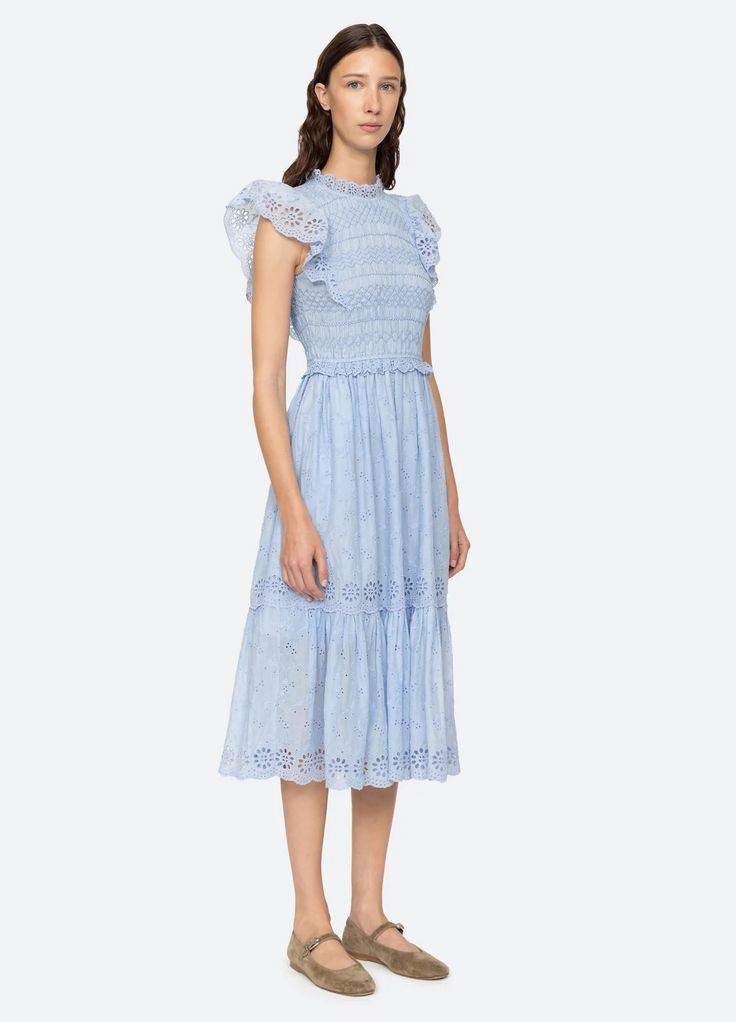 Veronique Dress – Sea, New York Hemant And Nandita, Rebecca Vallance, Sleepwear Dress, Tanya Taylor, Mid Dresses, City Prints, Ruched Dress, Flutter Sleeves, Fit Style