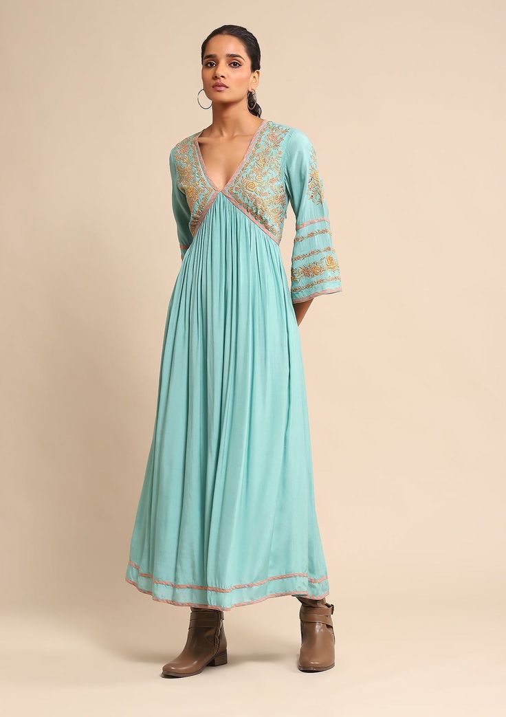 Ritu Kumar-Turquoise Embroidered Dress-INDIASPOPUP.COM Ritu Kumar, Gathered Dress, Intricate Embroidery, Bell Sleeve Dress, Embroidery Work, Dress For Women, Embroidered Dress, Luxury Fabrics, Dress Pattern