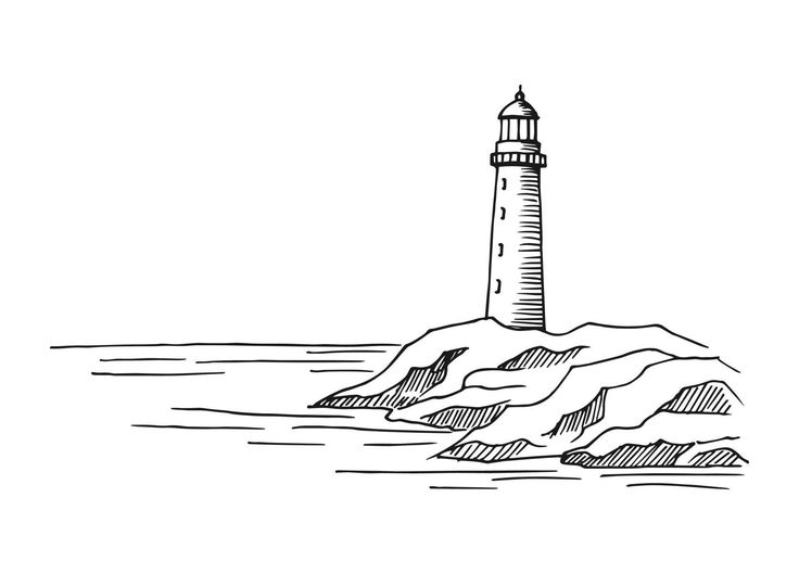 a black and white drawing of a lighthouse in the ocean with waves coming up from it