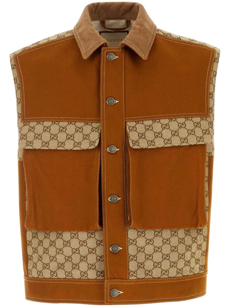 terracotta brown cotton classic GG canvas spread collar front button fastening sleeveless two front flap pockets straight hem Brown Cotton Vest With Button Closure, Brown Cotton Vest With Buttons, Beige Cotton Vest With Button Closure, Fall Sleeveless Vest With Patch Pockets, Sleeveless Cotton Outerwear With Snap Buttons, Gucci Luxury Cotton Outerwear, Luxury Gucci Cotton Outerwear, Brown Cotton Vest Outerwear, Brown Vest With Button Closure For Work