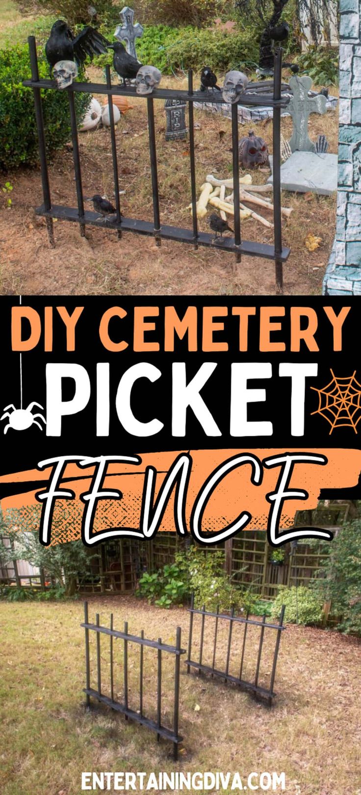 How to Make a DIY Halloween Cemetery Picket Fence Diy Spooky Fence, Cemetery Fence Diy, Graveyard Outdoor Decor, Halloween Graveyard Fence Ideas Diy, Diy Pet Cemetery Halloween, Homemade Halloween Graveyard, Graveyard Diy Halloween, Graveyard Archway Diy, Diy Cemetary Fence