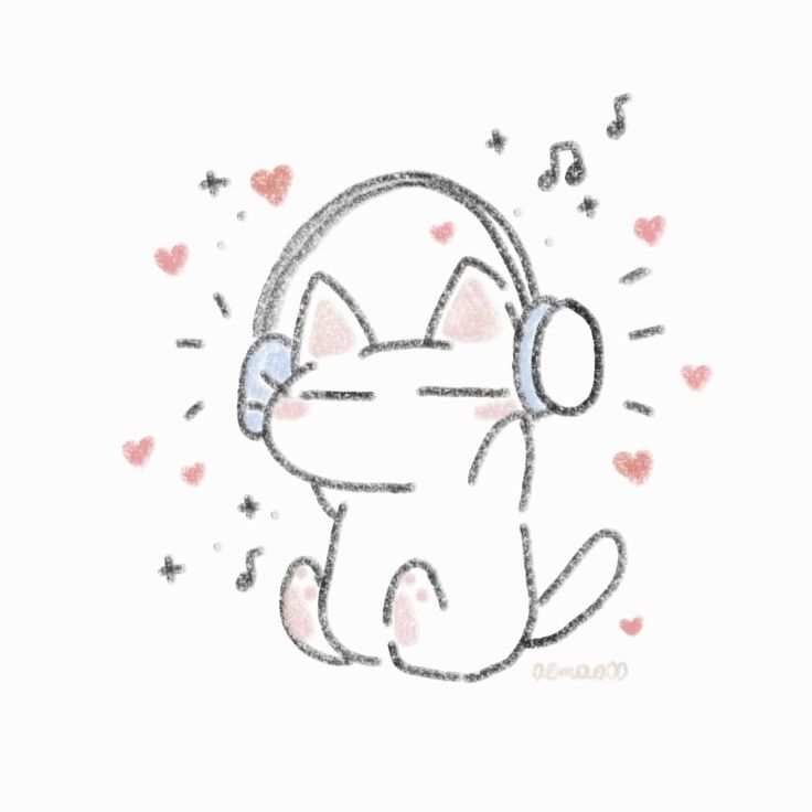 a drawing of a cat with headphones on and hearts around it's neck