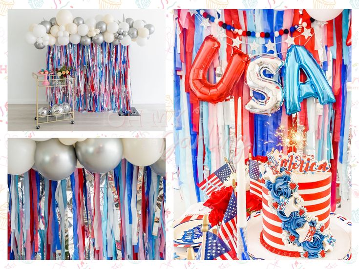 an american flag themed party with balloons and streamers