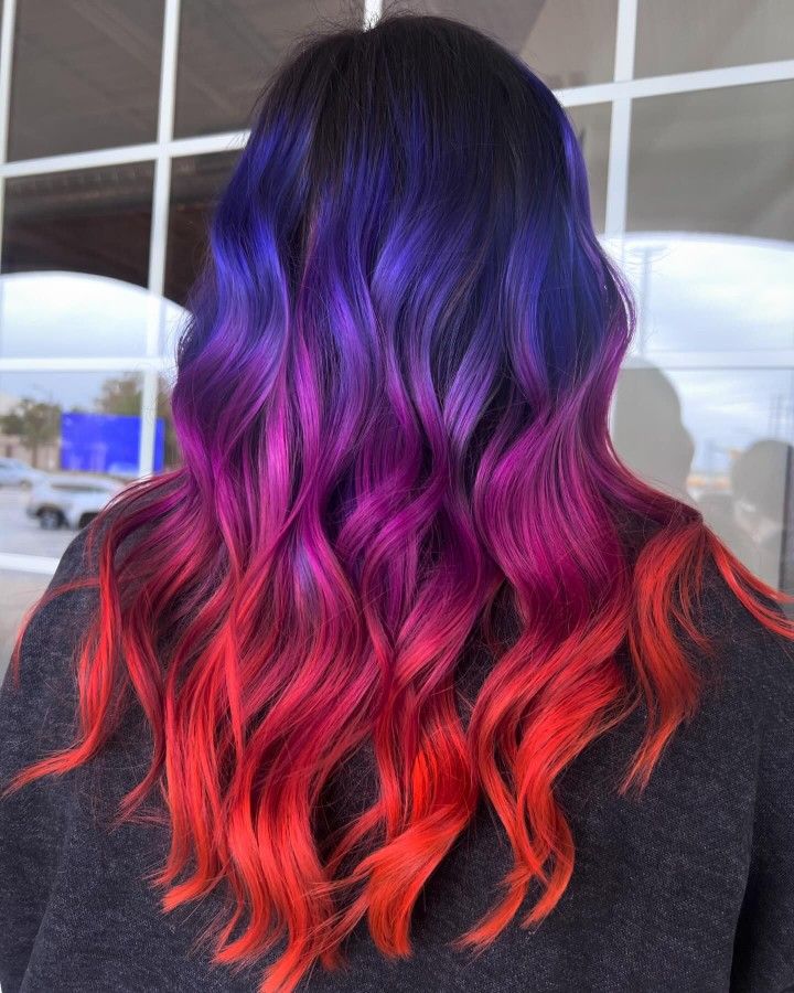 Red And Purple Ombre Hair, Red Purple Blue Hair, Blue To Red Hair, Purple And Red Hair Ombre, Blue Hair Balayage, Red And Blue Hair, Blue And Red Hair, Sunset Hair Color, Two Color Hair