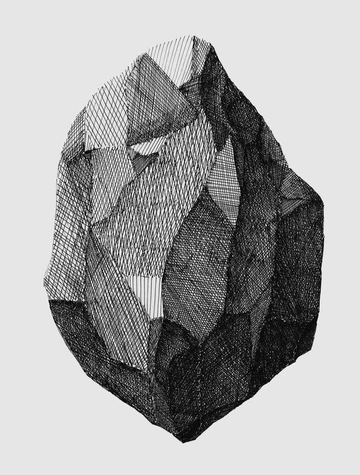 a black and white drawing of a rock with lines coming out of the rocks on it