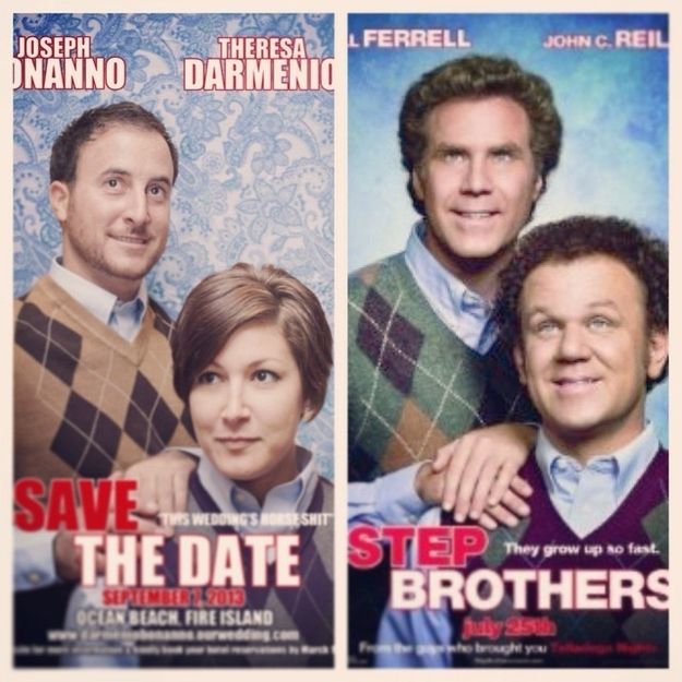 three movie posters for save the date with two men in sweaters and one woman standing behind them