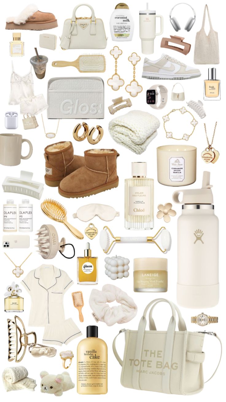 a collage of white and gold items including shoes, handbags, purses, perfume bottles