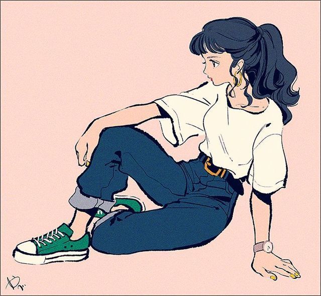 a drawing of a woman sitting on the ground with her legs crossed and wearing sneakers