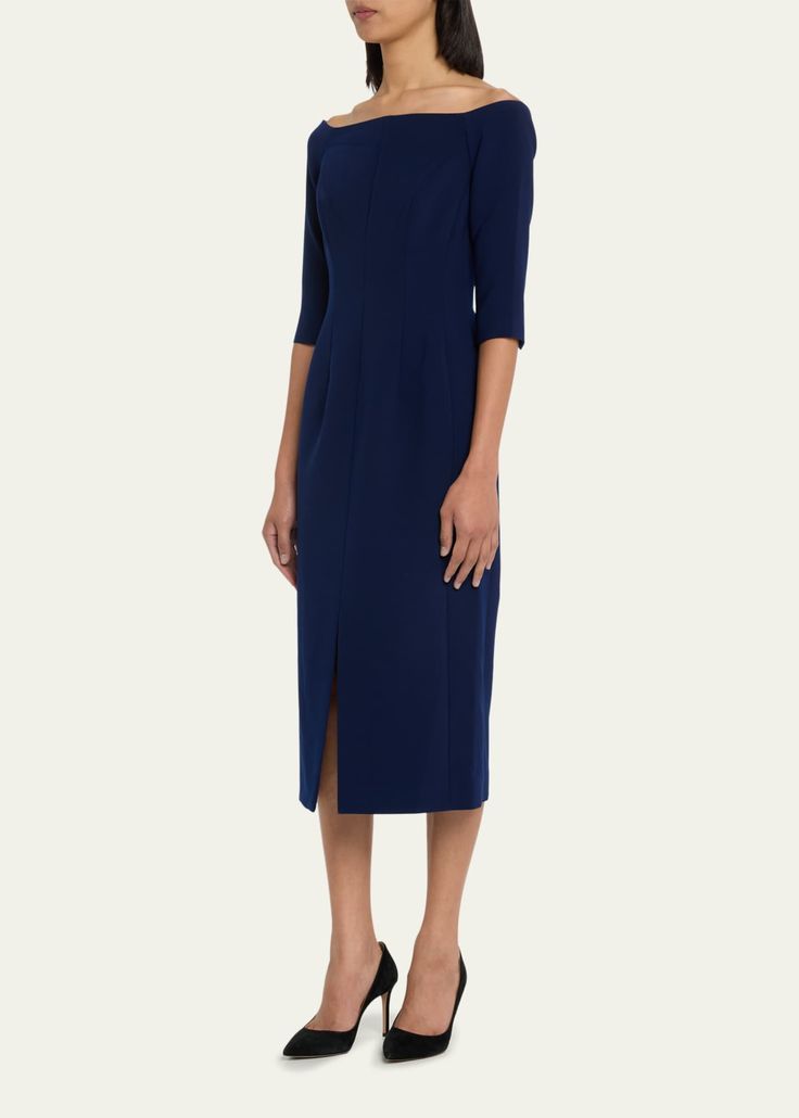 Carolina Herrera Off-Shoulder Midi Dress Structured Knee-length Evening Midi Dress, Structured Midi Dress For Evening, Classic Fitted Dress With Side Slits, Structured Knee-length Midi Dress For Evening, Sleek Structured Evening Dresses, Structured Evening Midi Dress, Formal Structured Midi Dress, Formal Structured Midi-length Dress, Structured Midi Length Formal Dress