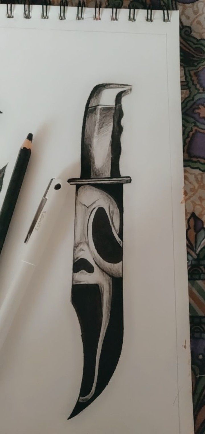 a pencil drawing of a knife with a hat on it's head and another pen next to it