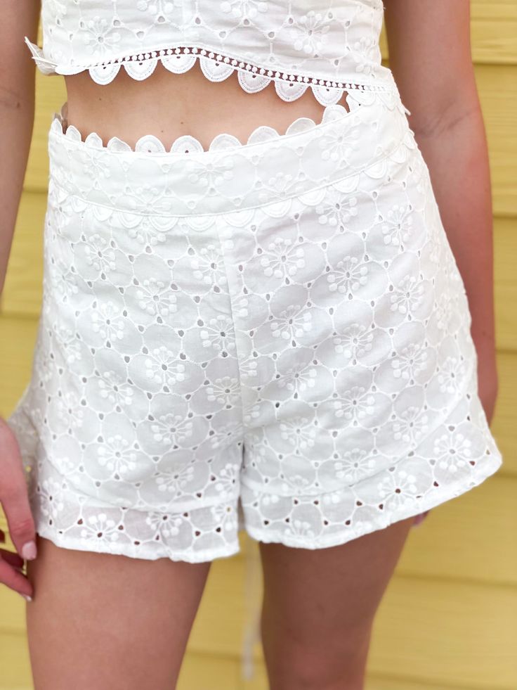 Embroidery Eyelet Shorts - Shop Amour Boutique Spring Shorts With Lace Trim, Floral Embroidered Bottoms For Summer Vacation, Summer Vacation Bottoms With Floral Embroidery, Floral Embroidery Bottoms For Summer Vacation, Summer Shorts With Crochet Trim For Spring, Crochet Trim Shorts For Summer Vacation, Summer Vacation Crochet Trim Shorts, Embroidered Summer Vacation Bottoms, Spring Cotton Shorts With Lace Trim