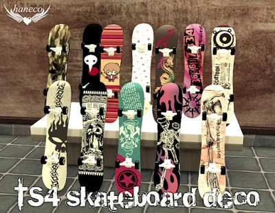 there are many skateboards lined up on the stand in front of each other, all different colors and designs