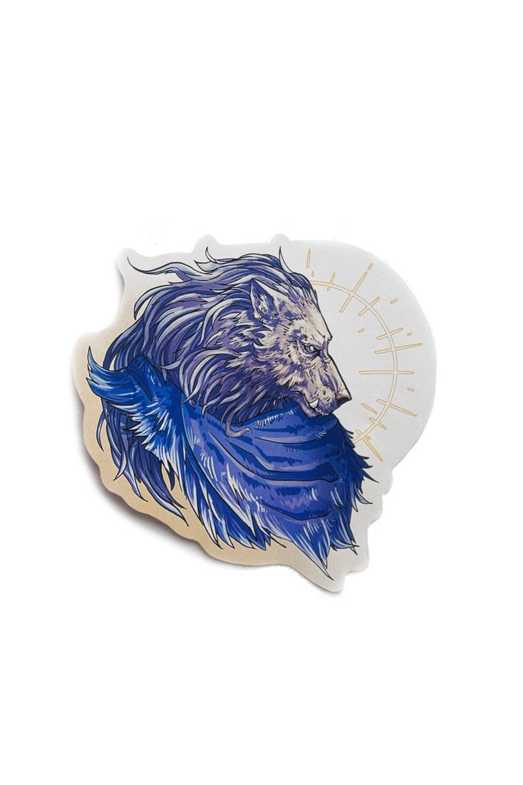 a blue and white sticker with a lion on it's head in front of a white background