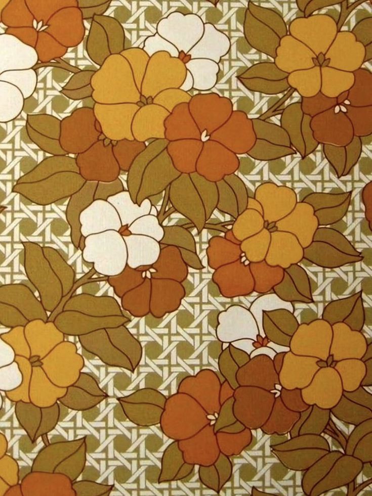 an orange and white flowered wallpaper with brown, yellow, and white flowers