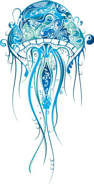 a blue and white jellyfish with swirls on it's head, swimming in the water