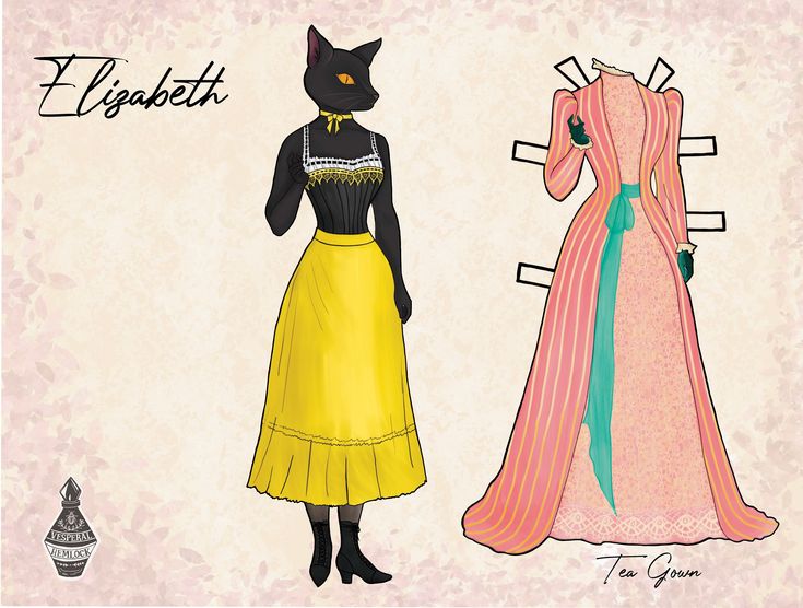 an illustration of two women in dresses with cats on them, one wearing a cat mask