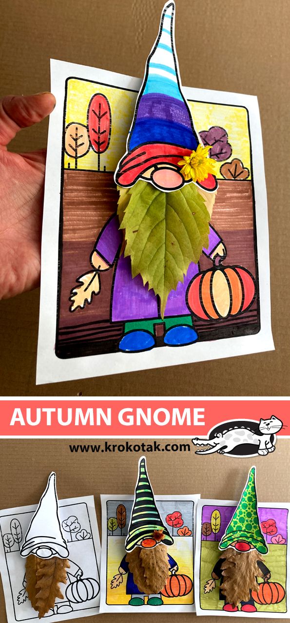 an autumn gnome craft is shown with pictures of leaves and pumpkins in front of it