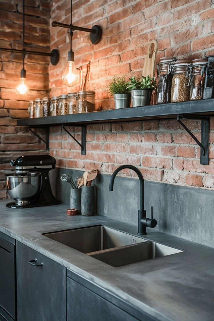 an industrial kitchen with brick walls and stainless steel sink, shelving above the counter