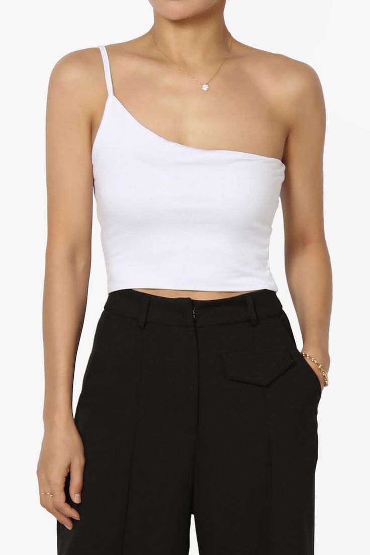 Mercerr One Shoulder Strap Crop Cami WHITE_1 Cool Summer Outfits, Design Stand, Asymmetric Neckline, Casual Weekend, Chic Casual, Stretch Top, Latest Trend, Cool Summer, Cropped Cami