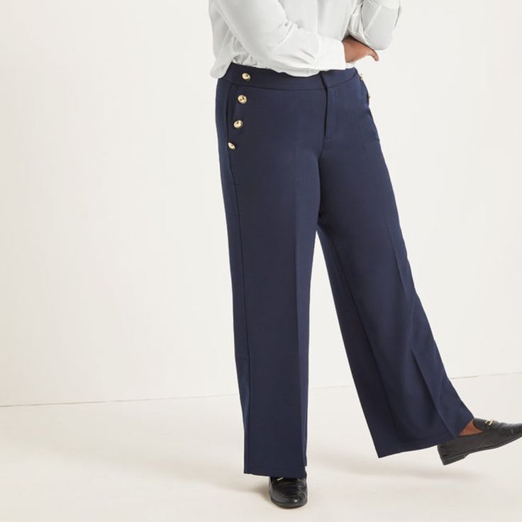 Brand New Navy With Gold Buttons Mid-Rise Contour Waistband Zipper Fly Closure Side Pockets Straight From Hip To Thigh Wide Leg Slight Stretch Woven Double Cloth Fabric Inseam Is 31 1/2" 92% Polyester, 8% Spandex 1158801 Formal Button-up Bottoms, Chic Button-up Bottoms For Formal Occasions, Chic Button-up Formal Bottoms, Elegant Button-up Bottoms For Office, Elegant Button-up Office Bottoms, Blue Button-up Bottoms For Work, Blue Button-up Work Pants, Elegant Blue Bottoms With Buttons, Chic Button-up Workwear Pants