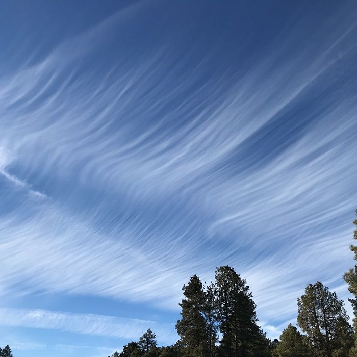 there are many clouds in the sky above some trees