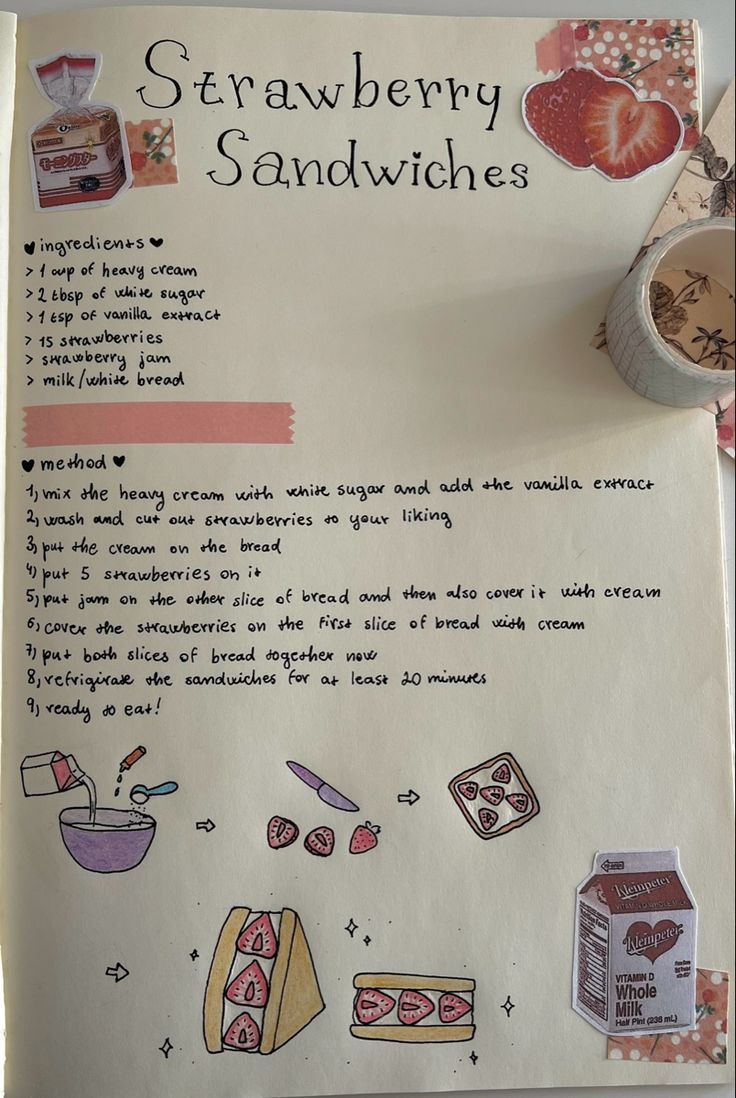 a recipe for strawberry sandwhiches is shown on a piece of white paper