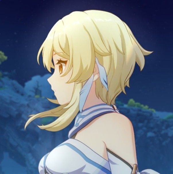 a blonde haired woman with long hair standing in front of a blue sky at night