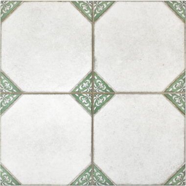 a white tile floor with green accents