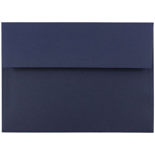 a dark blue envelope with a flap on the front and an open flap on the back