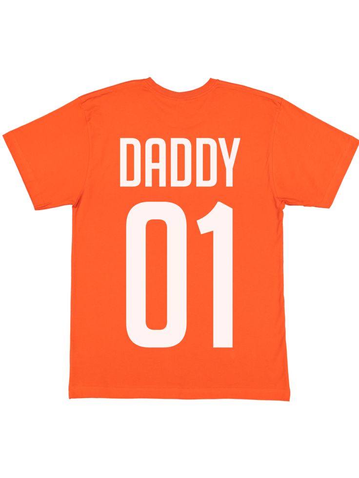 Surprise the dad in your life with these custom dad and son matching jersey style shirts. The father/son will love a pair of matching, cotton, relaxed fit shirts in orange. Look good, feel good - and make a real statement this season! Who said matching had to be boring?! Customize the tops with any name and name in either white or gold wording! Details 100% cotton unisex, relaxed fit orange color short sleeve length shirts sold individually printed in Philadelphia, PA Customize this adorable set Cotton Tops For Father's Day Sports Events, Orange Short Sleeve T-shirt For Game Day, Cotton Tops For Sports Events On Father's Day, Cotton T-shirt For Game Day And Father's Day, Cotton T-shirt For Game Day On Father's Day, Orange Cotton T-shirt For Game Day, Father's Day Cotton T-shirt With Team Spirit, Casual Tops For Game Day On Father's Day, Casual Orange Tops For Game Day