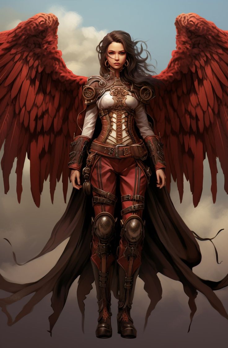 a woman with large red wings standing in front of a cloudy sky and holding her hands on her hips