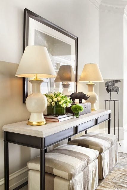 a console table with two lamps and a mirror above it, along with stools