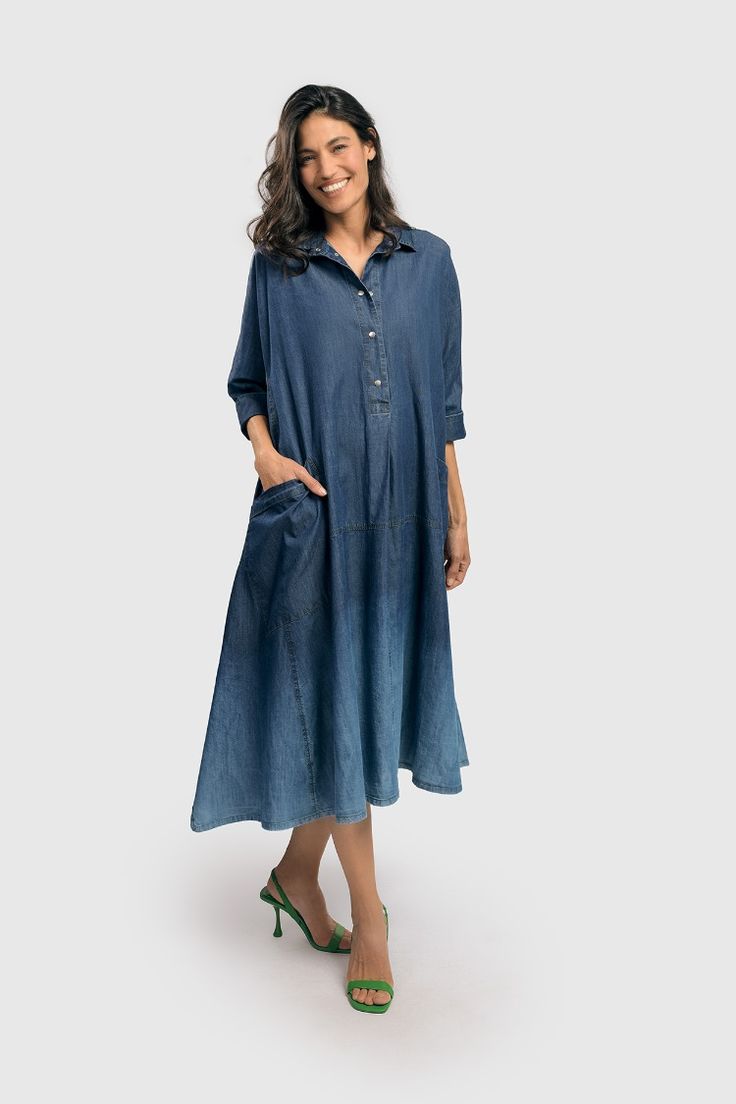 LUZ OMBRÉ TRAPEZE MAXI DRESS, DENIM EASTER DRESS FOR WOMEN Easter Dress For Women, Easter Dresses For Women, Dress Denim, Easter Outfit, Easter Dress, Elbow Sleeve, Oversized Silhouette, Dip Dye, Plus Size Fashion