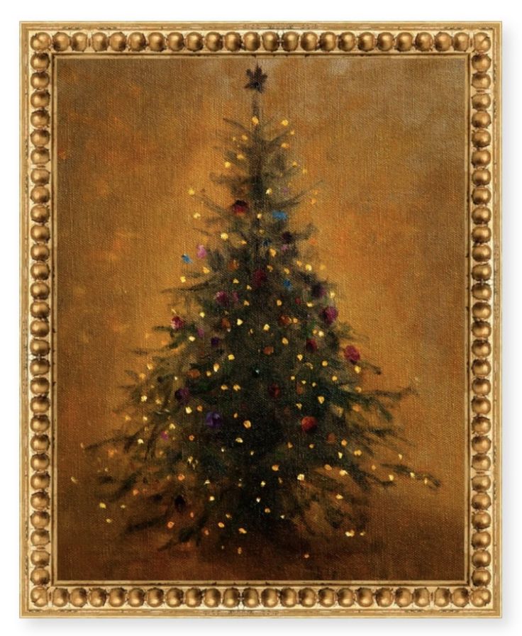 a painting of a christmas tree in a gold frame with lights on the top and bottom