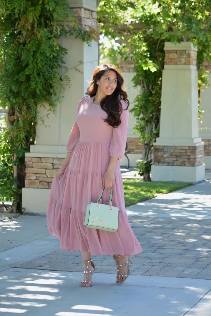 Marbella Pink Maxi Dress – Skirt Society Elegant Tiered Skirt Dress For Day Out, Elegant 3/4 Sleeve Dress With Ruffle Hem, Elegant Dress With 3/4 Sleeves And Ruffle Hem, Elegant Dresses With 3/4 Sleeve And Ruffle Hem, Chic Pink Maxi Length Tiered Dress, Elegant Pink Tiered Maxi Dress, Elegant 3/4 Sleeve Dresses For Garden Party, Elegant Dresses For Garden Party With 3/4 Sleeve, Modest Tiered Skirt Dress For Garden Party