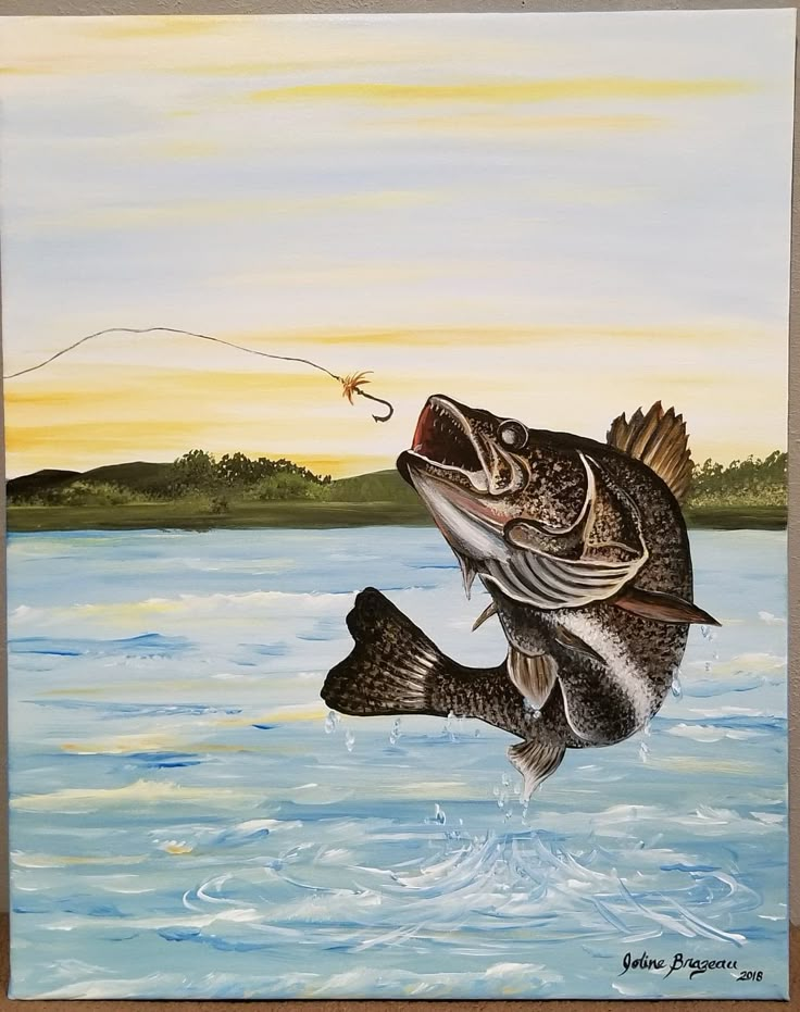 a painting of a fish jumping out of the water with a fishing hook in it's mouth