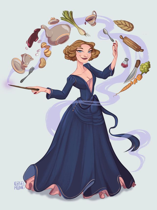 a woman in a long blue dress holding a knife and spoon with food on it