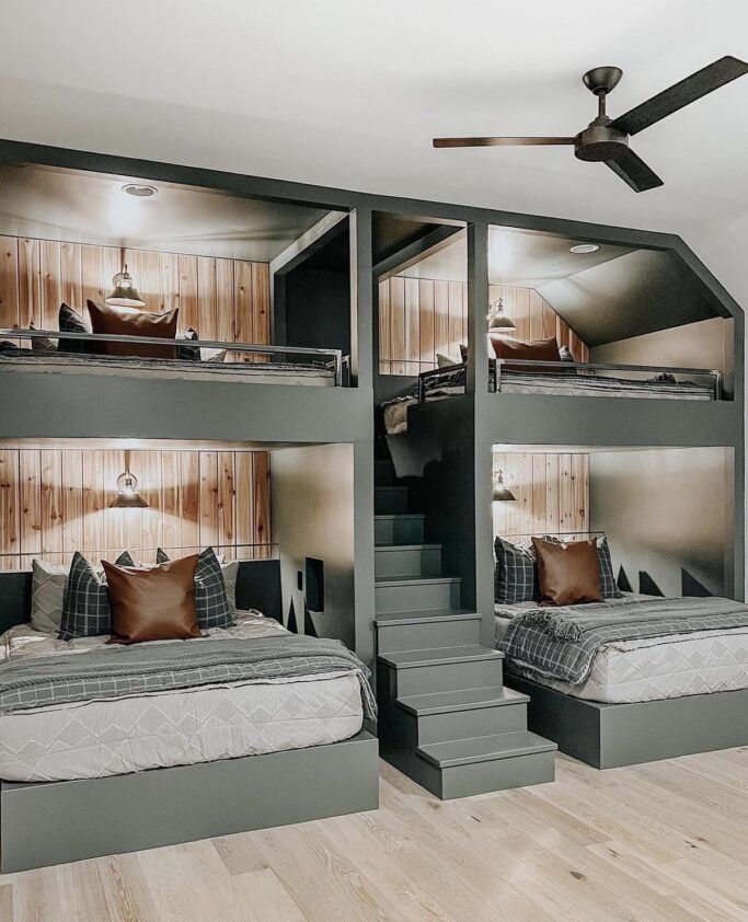 a room with bunk beds and stairs in it