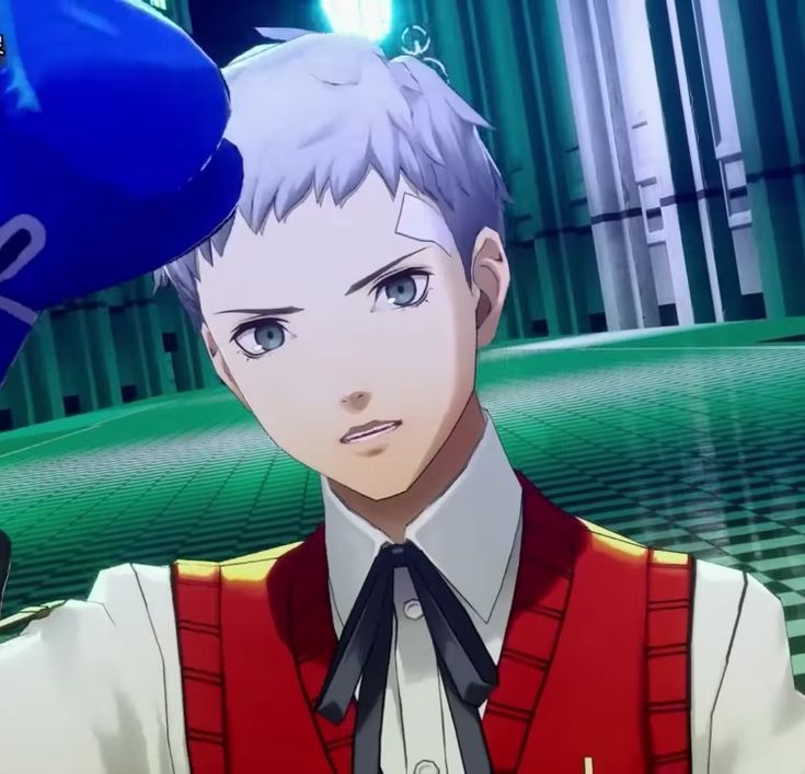 an anime character with grey hair and blue eyes wearing a red vest, white shirt and black tie