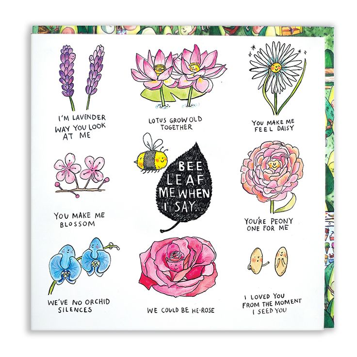 a card with different flowers and words on the front, including bee me when i say