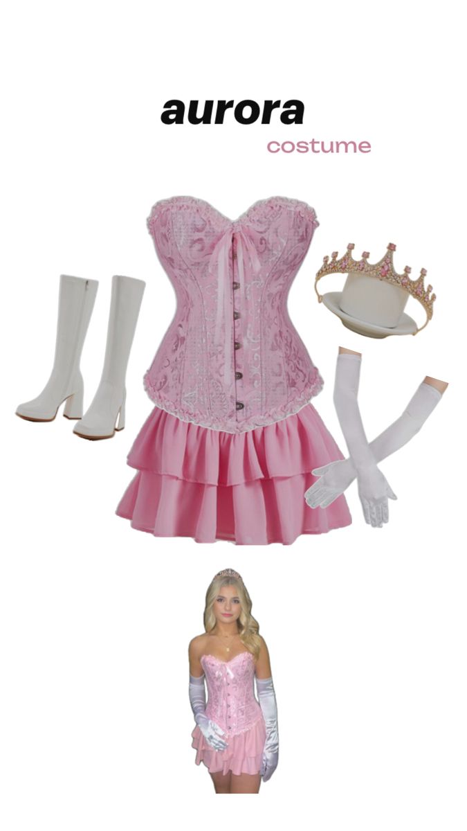 a pink corset with white stockings and high heeled boots is featured in an ad for aurora costume