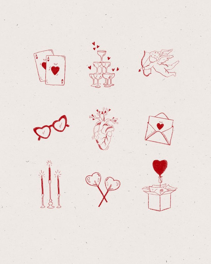 a red drawing of various items on a white background with the word love written in it