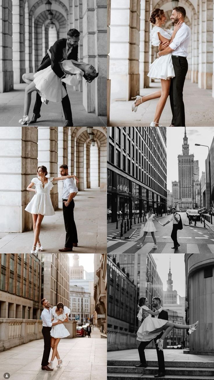 black and white photos of people dancing in the city with tall buildings on either side