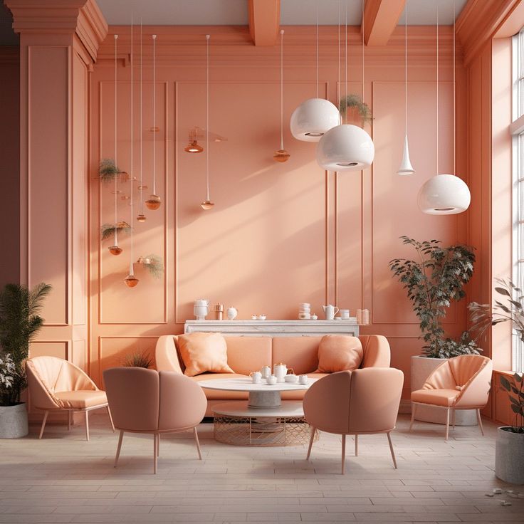 a living room filled with furniture and lots of light pink walls in an orange color scheme