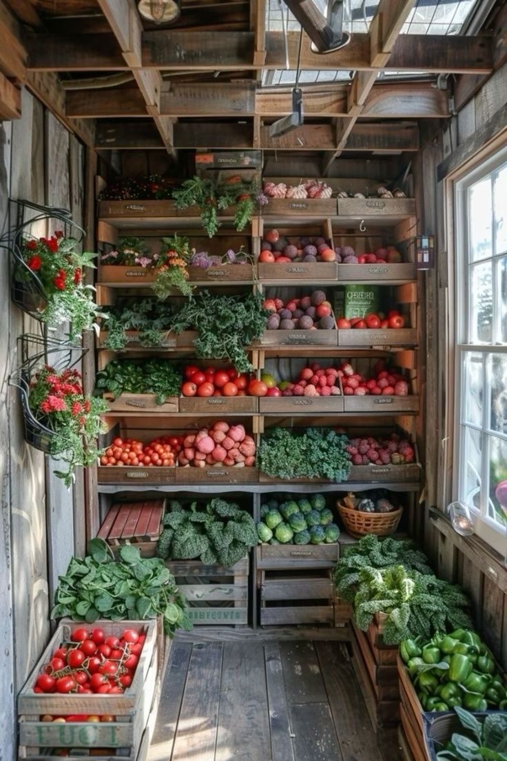 an indoor vegetable market with lots of fresh vegetables and fruits in crates on the shelves