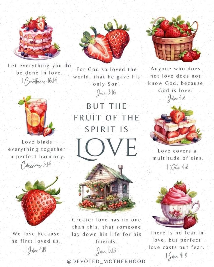 the fruit of the spirit is love with many different things to eat and drink on it