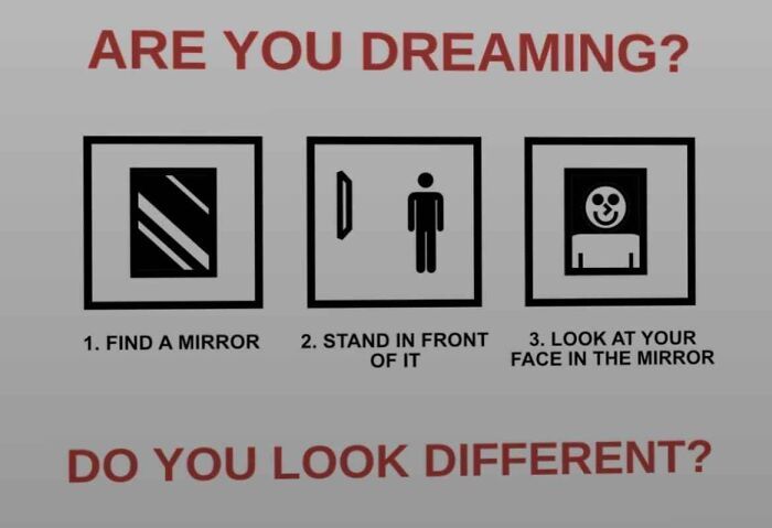 a sign that says, are you dreaming? find out what to do in the mirror