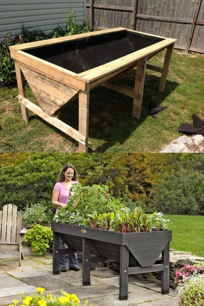 a woman standing next to a garden bed in the middle of a yard with plants growing out of it