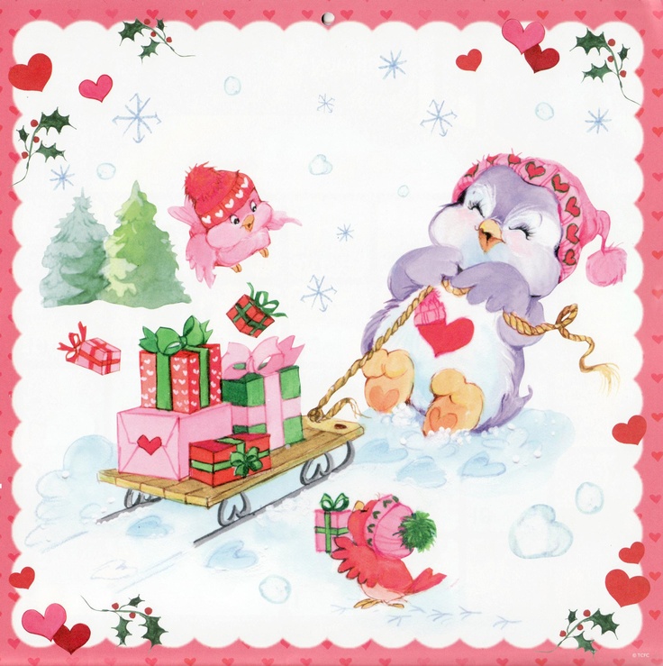 an owl pulling presents on a sleigh with birds and snowflakes around it