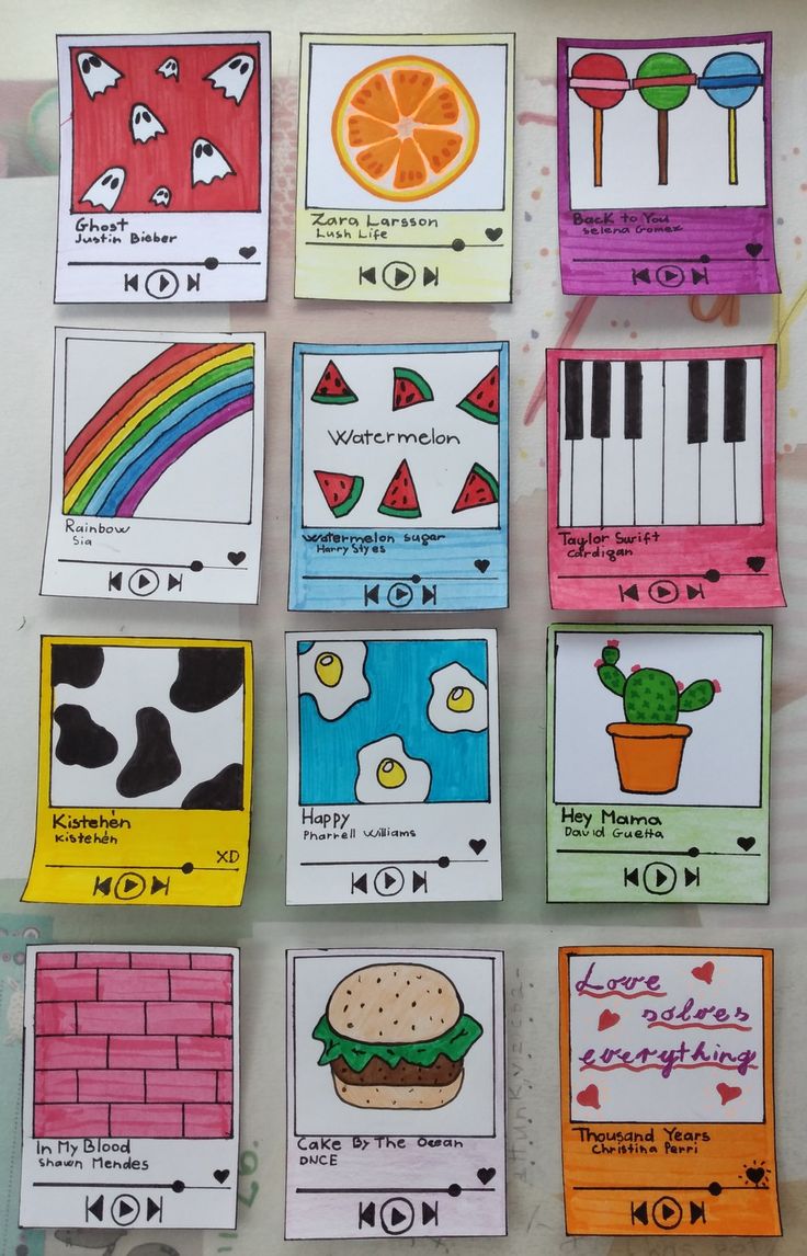 several different cards with pictures of food and words on them, all in bright colors